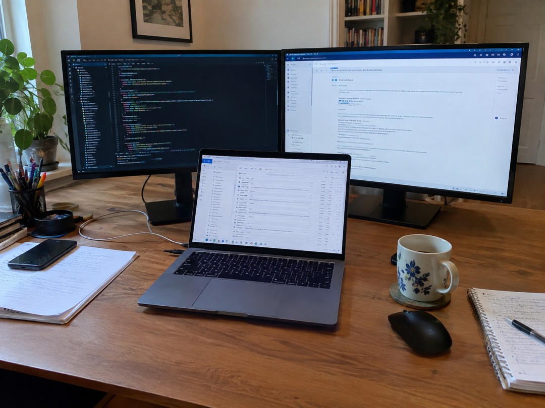 Chris's workbench: two monitors and a laptop running code, tickets, and releases